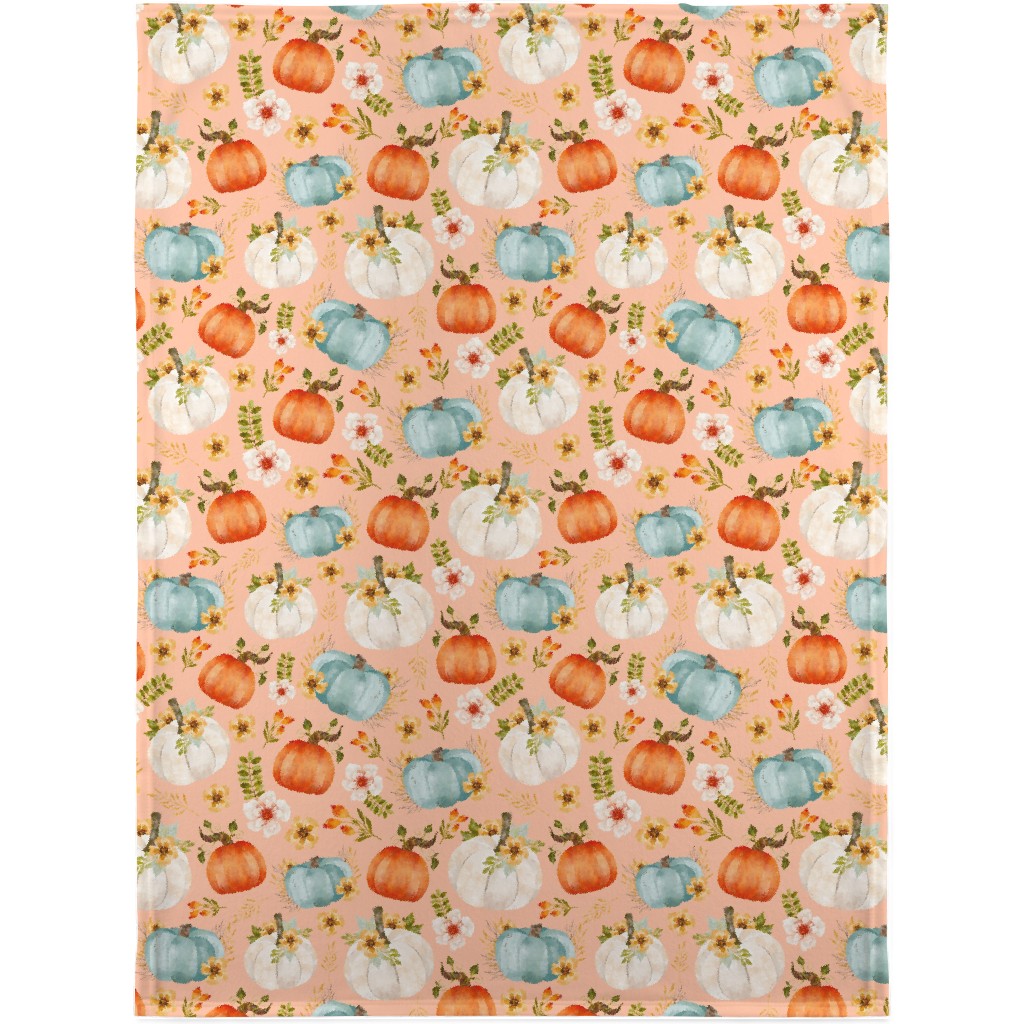 Rustic Farmhouse Pumpkins on Pale Peach Blanket, Sherpa, 30x40, Orange