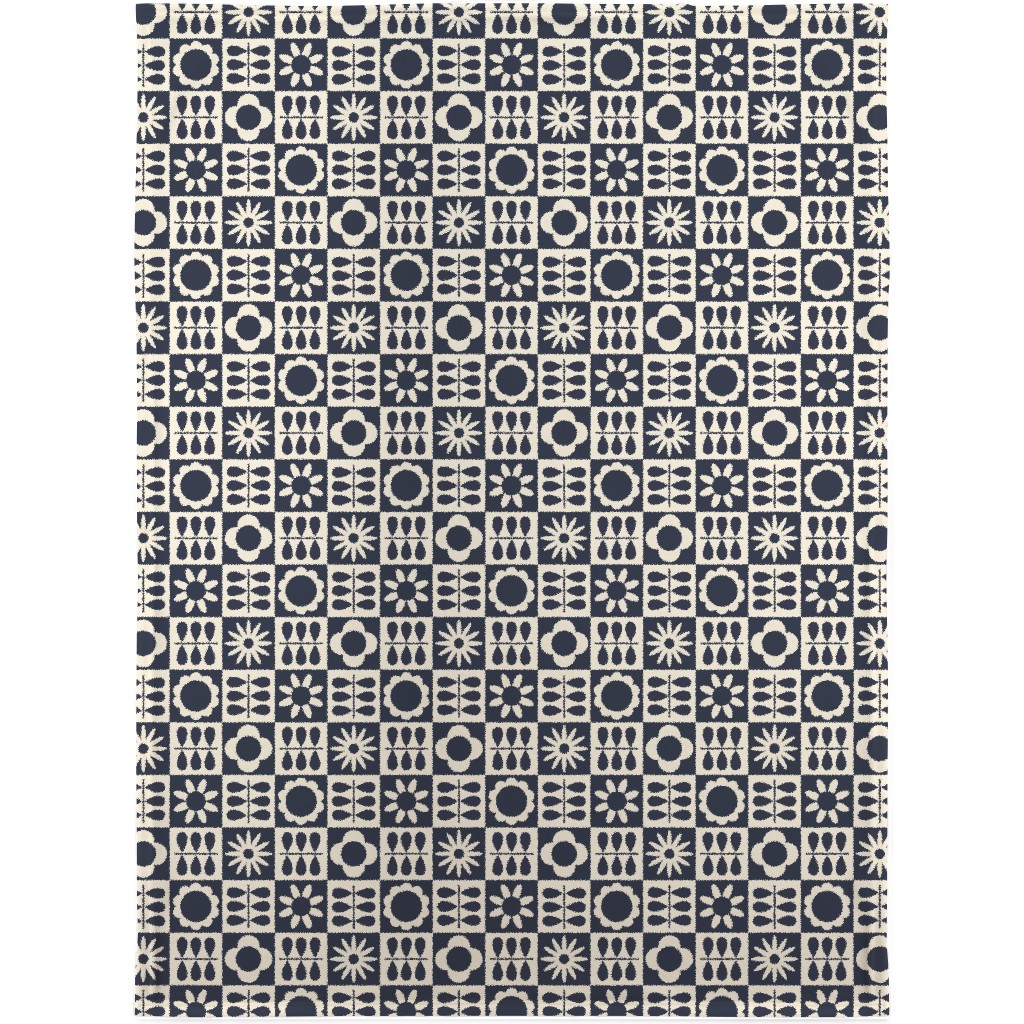 Scandinavian Checker Blooms - Off White and Navy Blanket, Sherpa, 30x40, Black