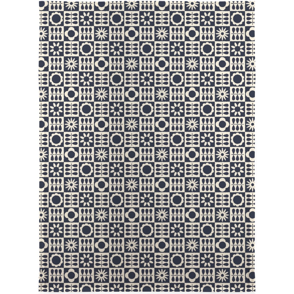 Scandinavian Checker Blooms - Off White and Navy Blanket, Sherpa, 30x40, Black