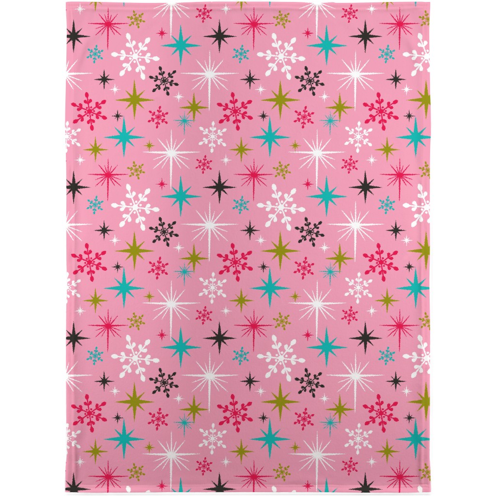 Stardust Retro Christmas Snowflakes and Stars - Pink Blanket, Sherpa, 30x40, Pink