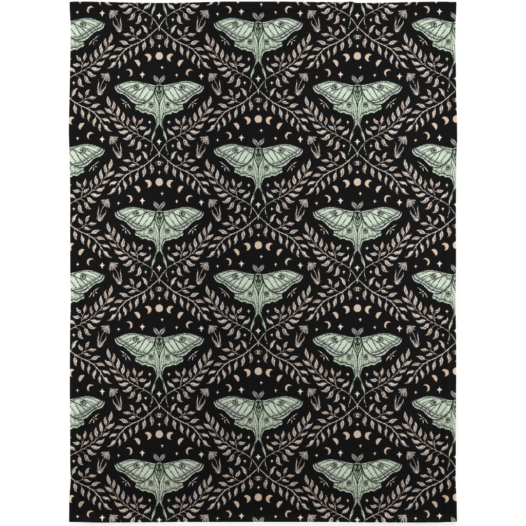 Luna Moths Damask With Moon Phases - Black Blanket, Sherpa, 30x40, Multicolor