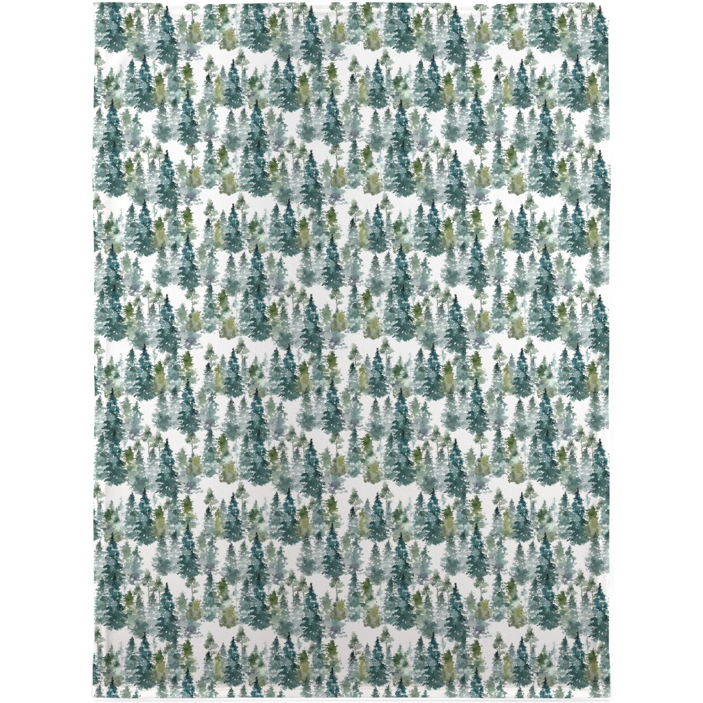 Woodland Trees Watercolor - White Blanket, Sherpa, 30x40, Green