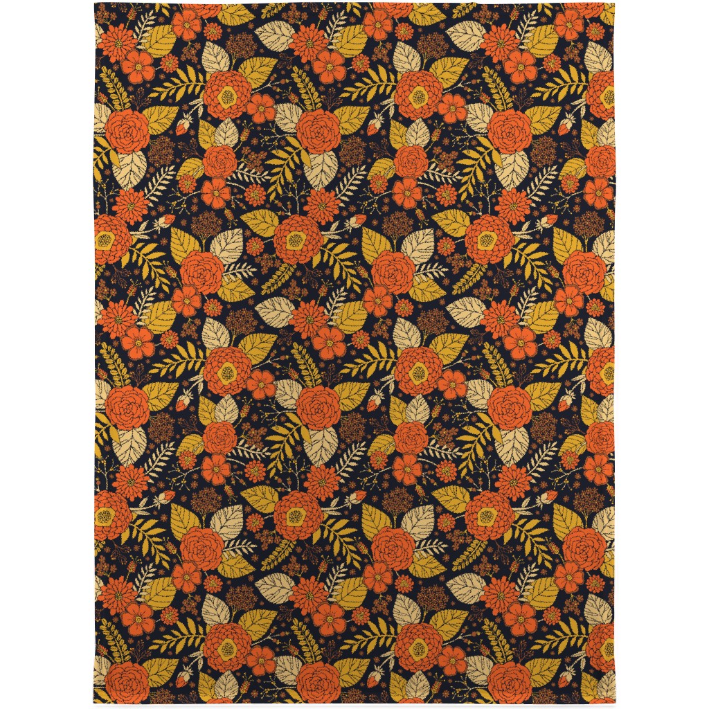 Retro Floral - Orange Brown and Yellow Blanket, Sherpa, 30x40, Orange, Orange