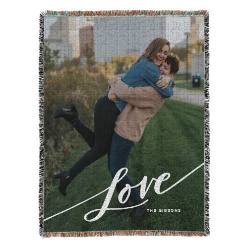 Tilted Love Script Portrait Woven Photo Blanket, 54x70, White