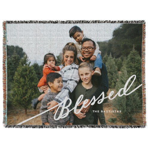 Tilted Blessed Script Woven Photo Blanket, 60x80, White, white
