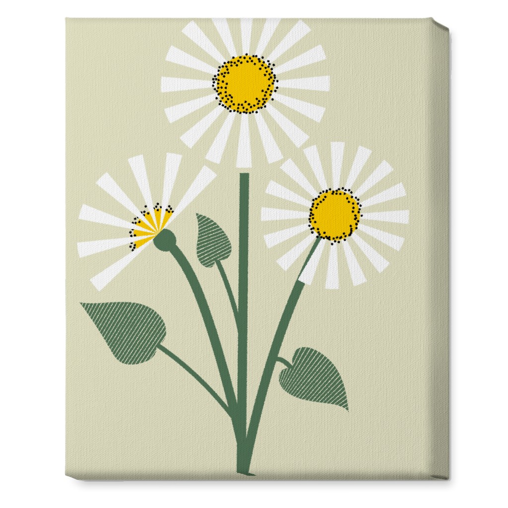 Abstract Daisy Flower - White on Beige Wall Art, No Frame, Single piece, Canvas, 16x20, Green, Classic Green