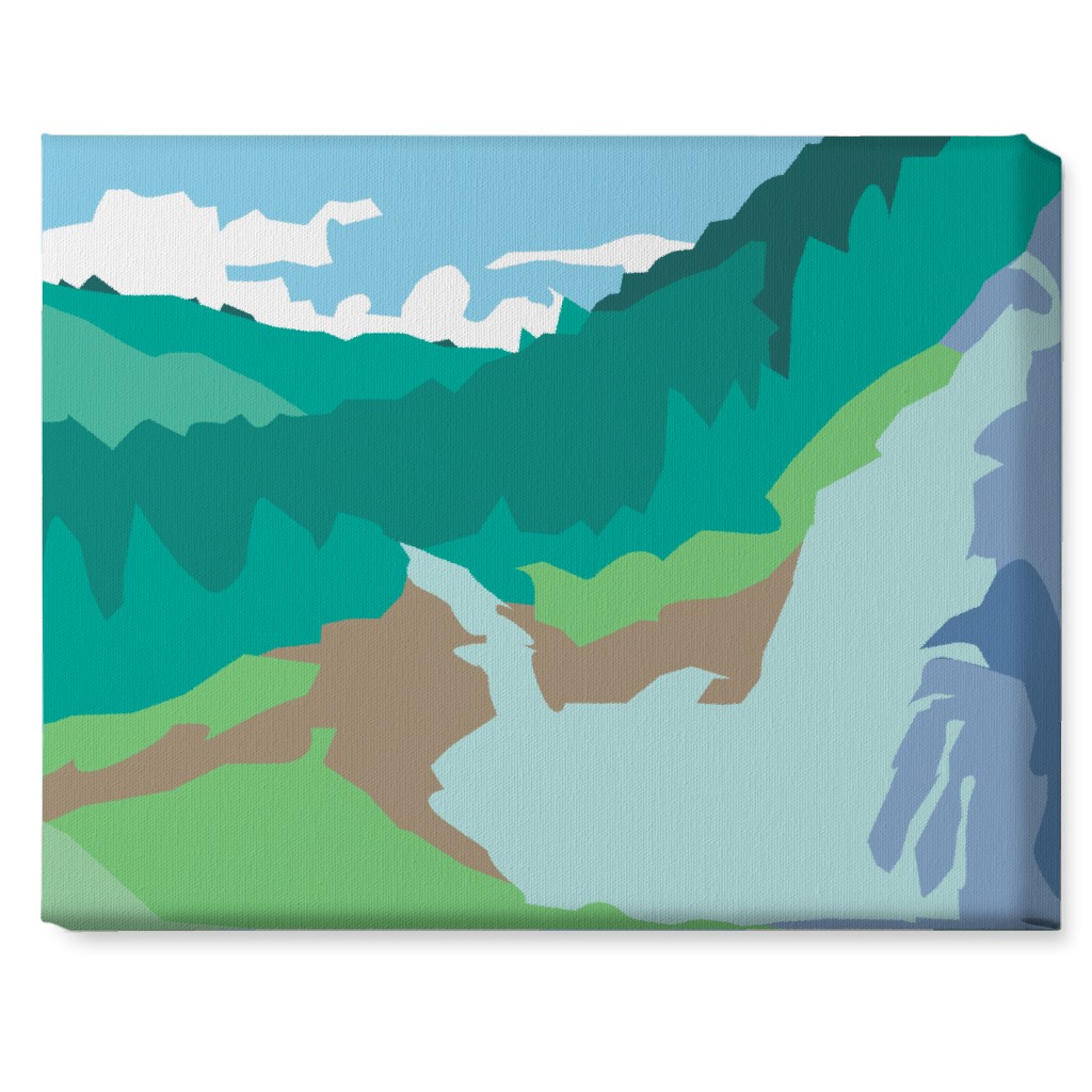 Minimalist Valley Forest Waterfall - Green and Blue Wall Art, No Frame, Single piece, Canvas, 16x20, Green, Classic Green