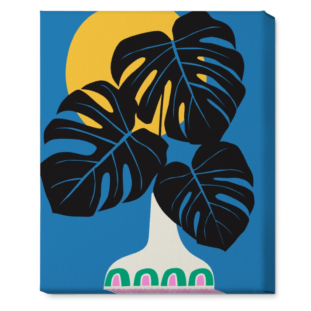 Monstera Leaves in a Vase - Blue Wall Art, No Frame, Single piece, Canvas, 16x20, Blue