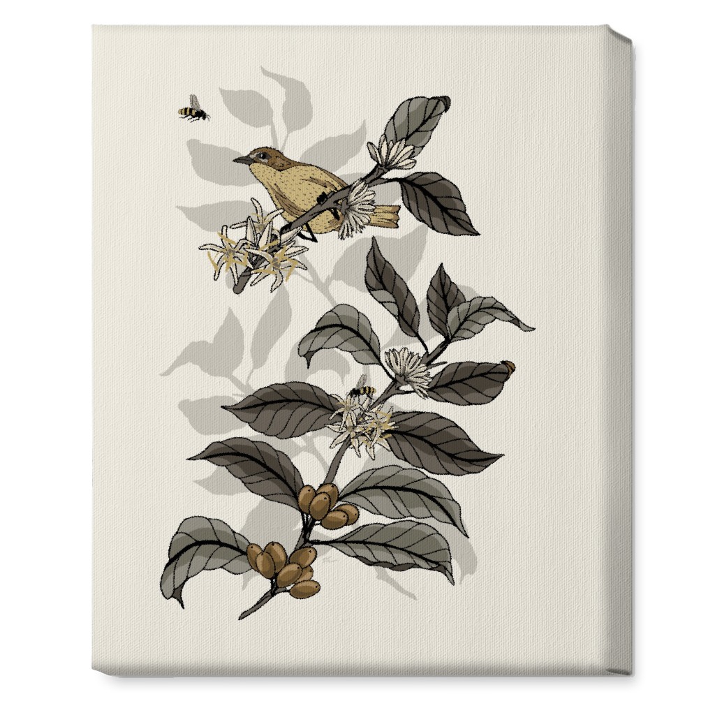 Coffee Plant, Bird, and Bee - Neutral Wall Art, No Frame, Single piece, Canvas, 16x20, Beige, Pearl