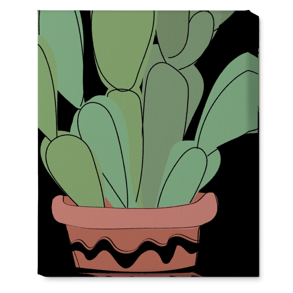 Potted Prickly Pear Cactus - Green and Black Wall Art, No Frame, Single piece, Canvas, 16x20, Green