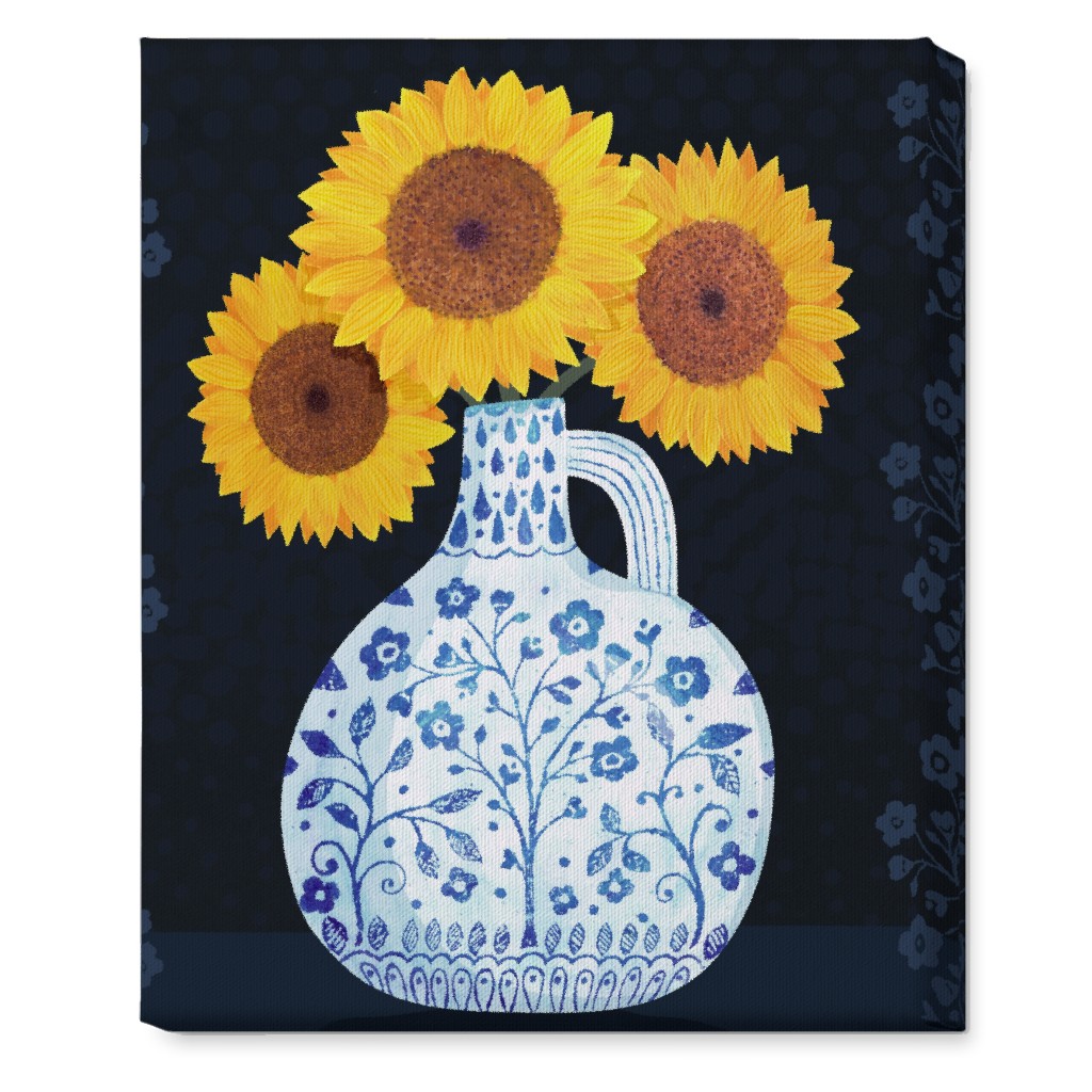 Vase of Sunflowers - Yellow on Black Wall Art, No Frame, Single piece, Canvas, 16x20, Multicolor