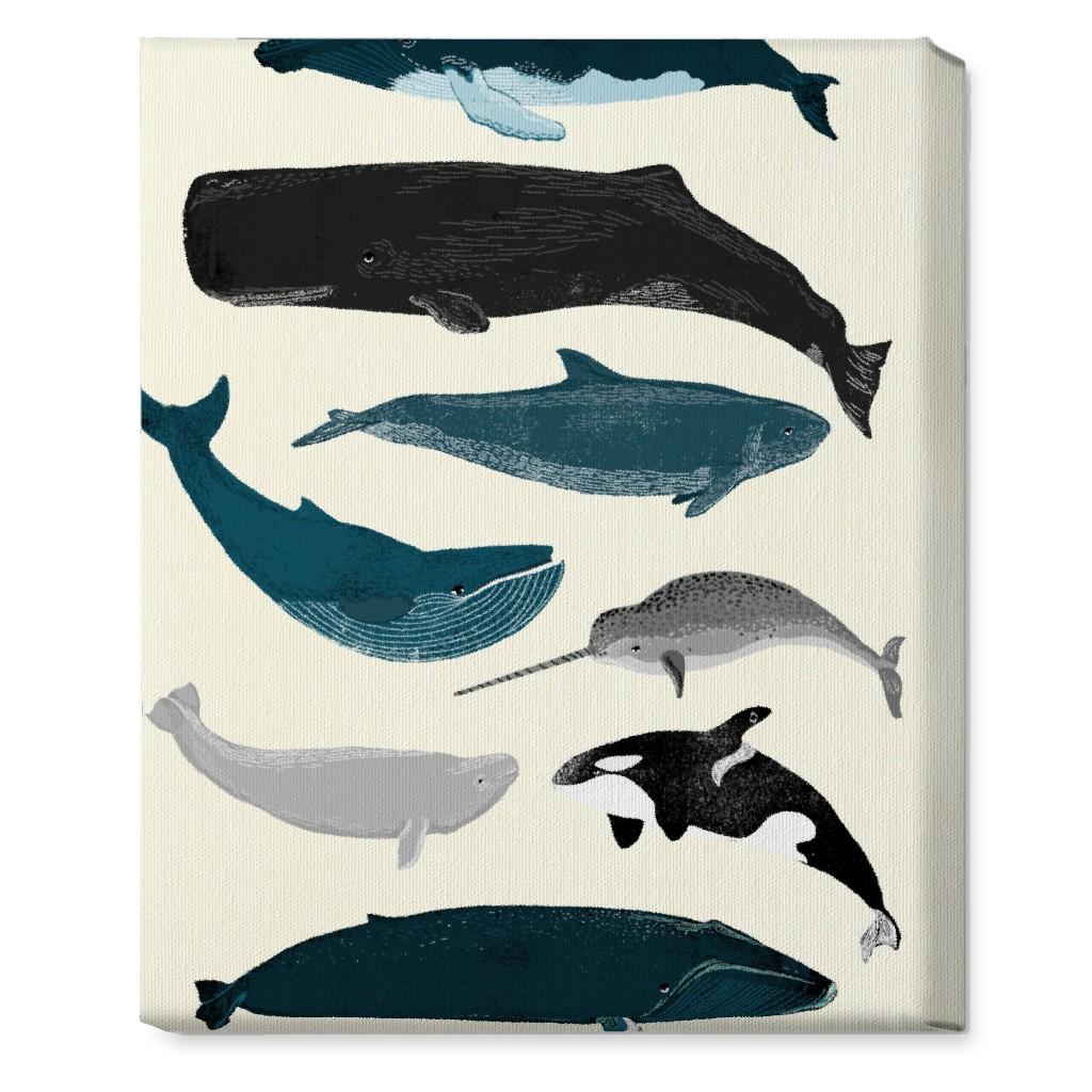 Ocean Whales on White Wall Art, No Frame, Single piece, Canvas, 16x20, Blue