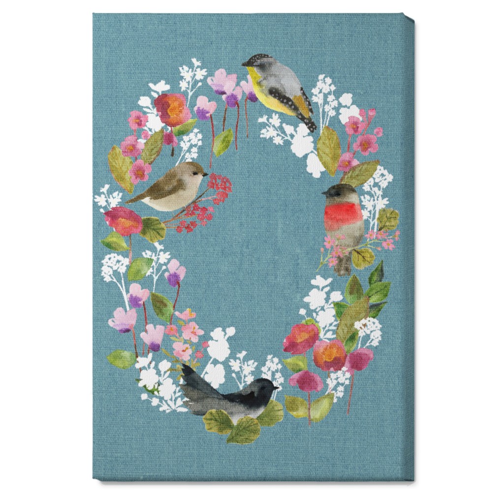 Winter Birds in the Garden Wreath - Blue Wall Art, No Frame, Single piece, Canvas, 20x30, Blue