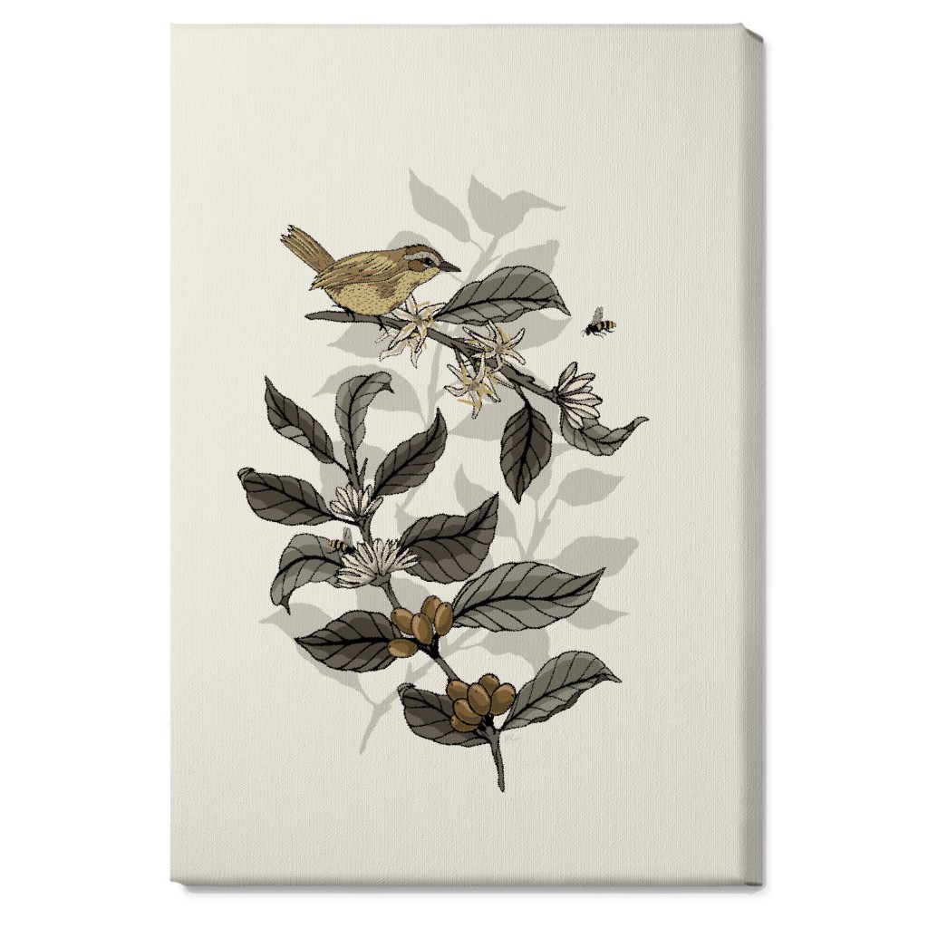 Bee, Bird and Coffee Plant - Neutral Wall Art, No Frame, Single piece, Canvas, 20x30, Beige, Pearl