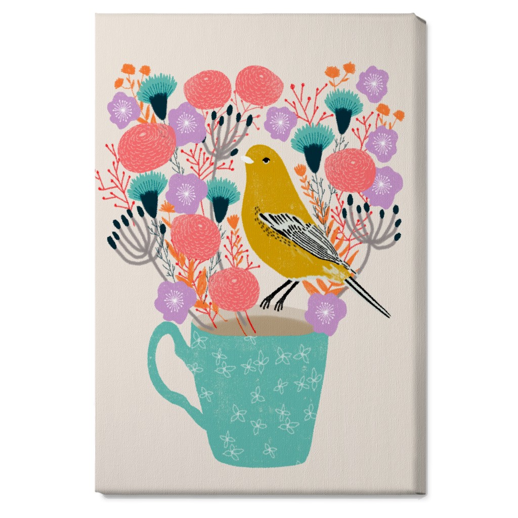 Yellow Bird on Teacup Bouquet Wall Art, No Frame, Single piece, Canvas, 20x30, Multicolor