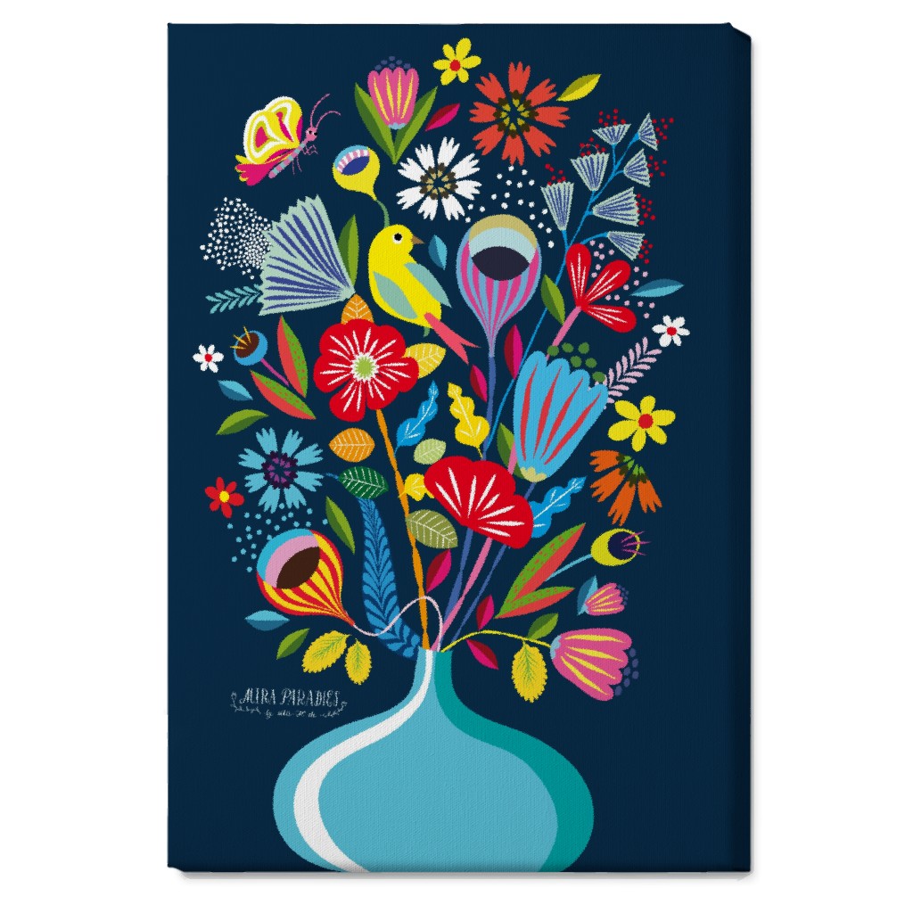 Folk Art Bouquet - Multi on Navy Wall Art, No Frame, Single piece, Canvas, 20x30, Multicolor