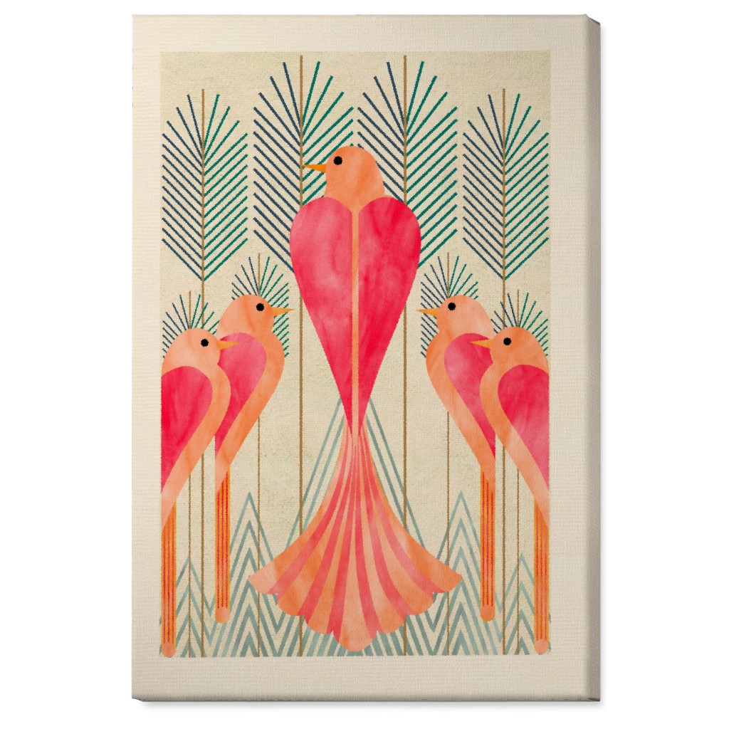 Modern Love Birds in a Pine Forest Wall Art, No Frame, Single piece, Canvas, 24x36, Pink, Bright Pink