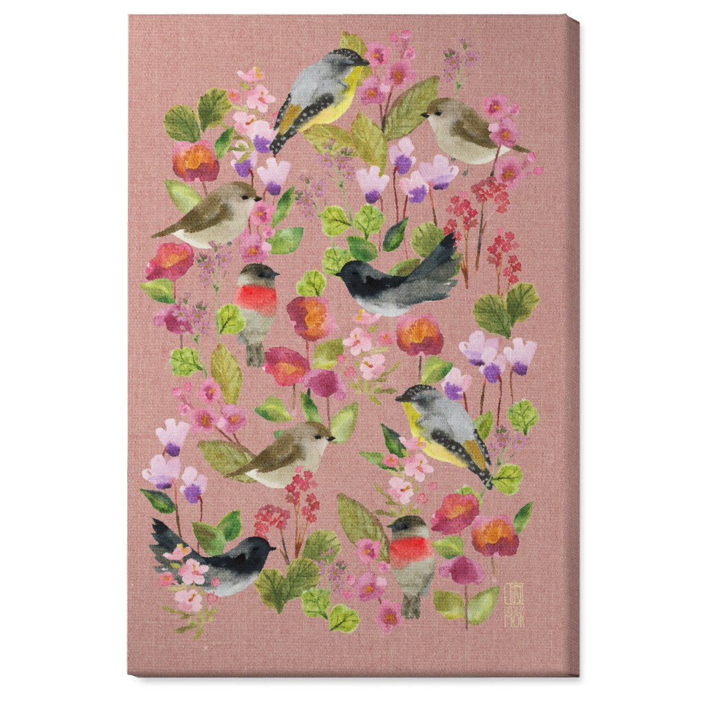 Winter Birds in the Garden Wall Art, No Frame, Single piece, Canvas, 24x36, Pink