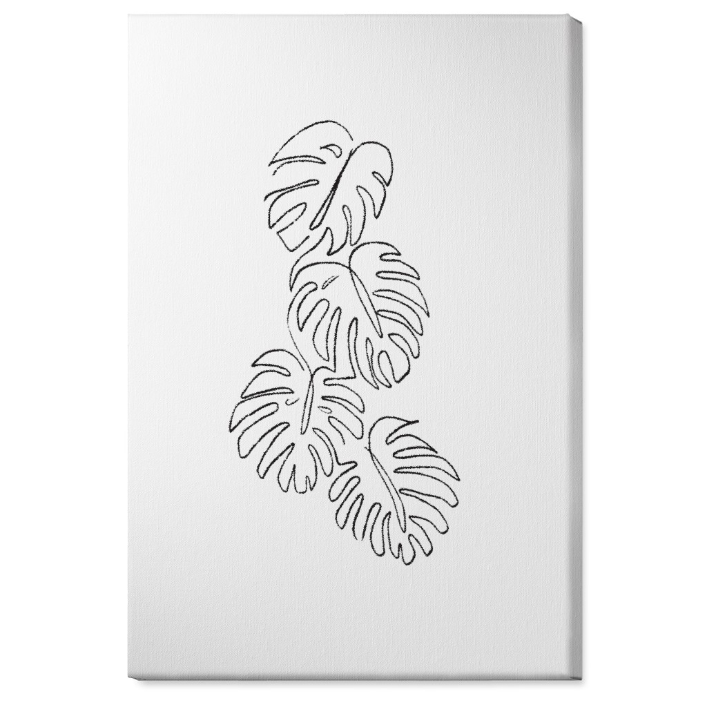 Monstera Leaf Line Art - Black and White Wall Art, No Frame, Single piece, Canvas, 24x36, White