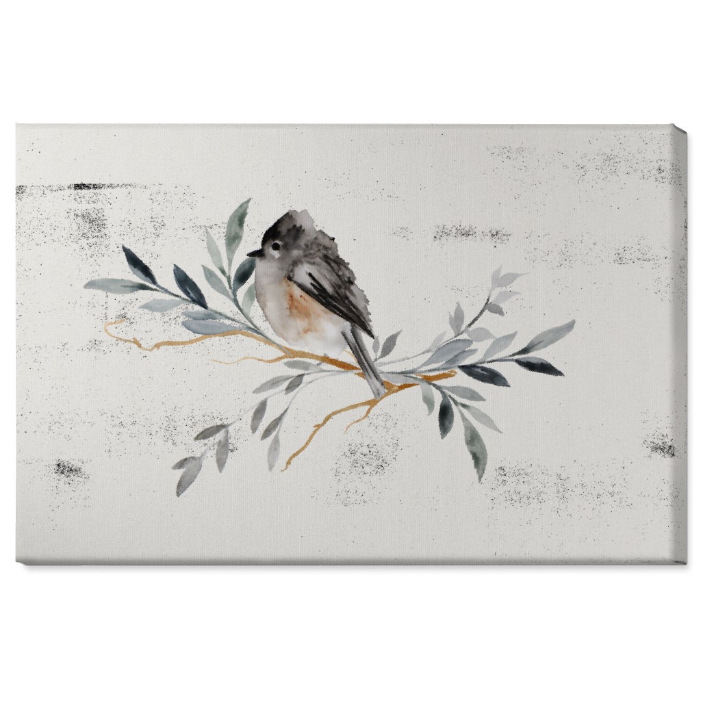 Winter Bird on Branch - Blue Wall Art, No Frame, Single piece, Canvas, 24x36, Gray