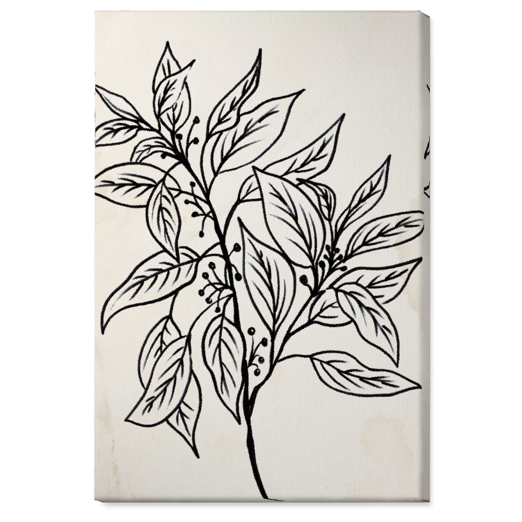 Vintage Branch With Leaves Sketch - Beige and Black Wall Art, No Frame, Single piece, Canvas, 24x36, Beige