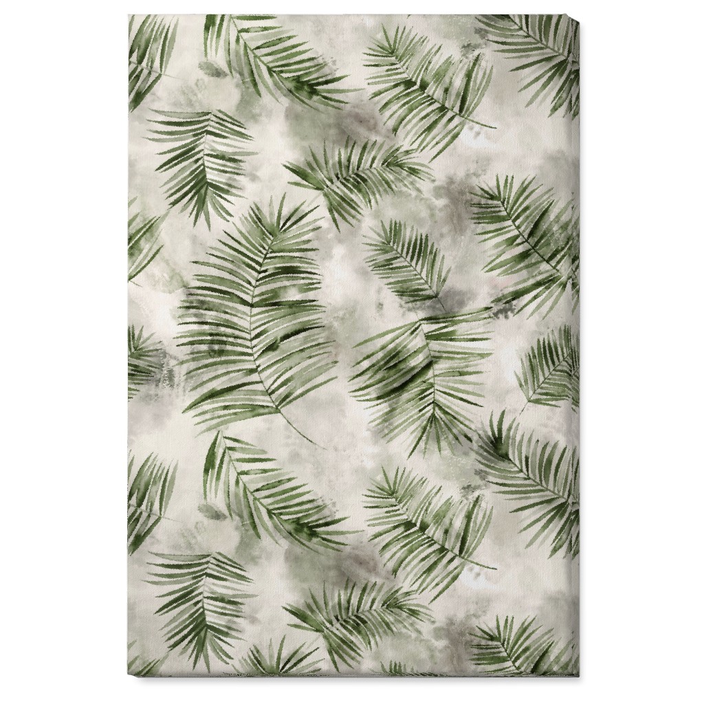 Watercolor Botanical Palms - Green on Beige Wall Art, No Frame, Single piece, Canvas, 24x36, Green, Classic Green