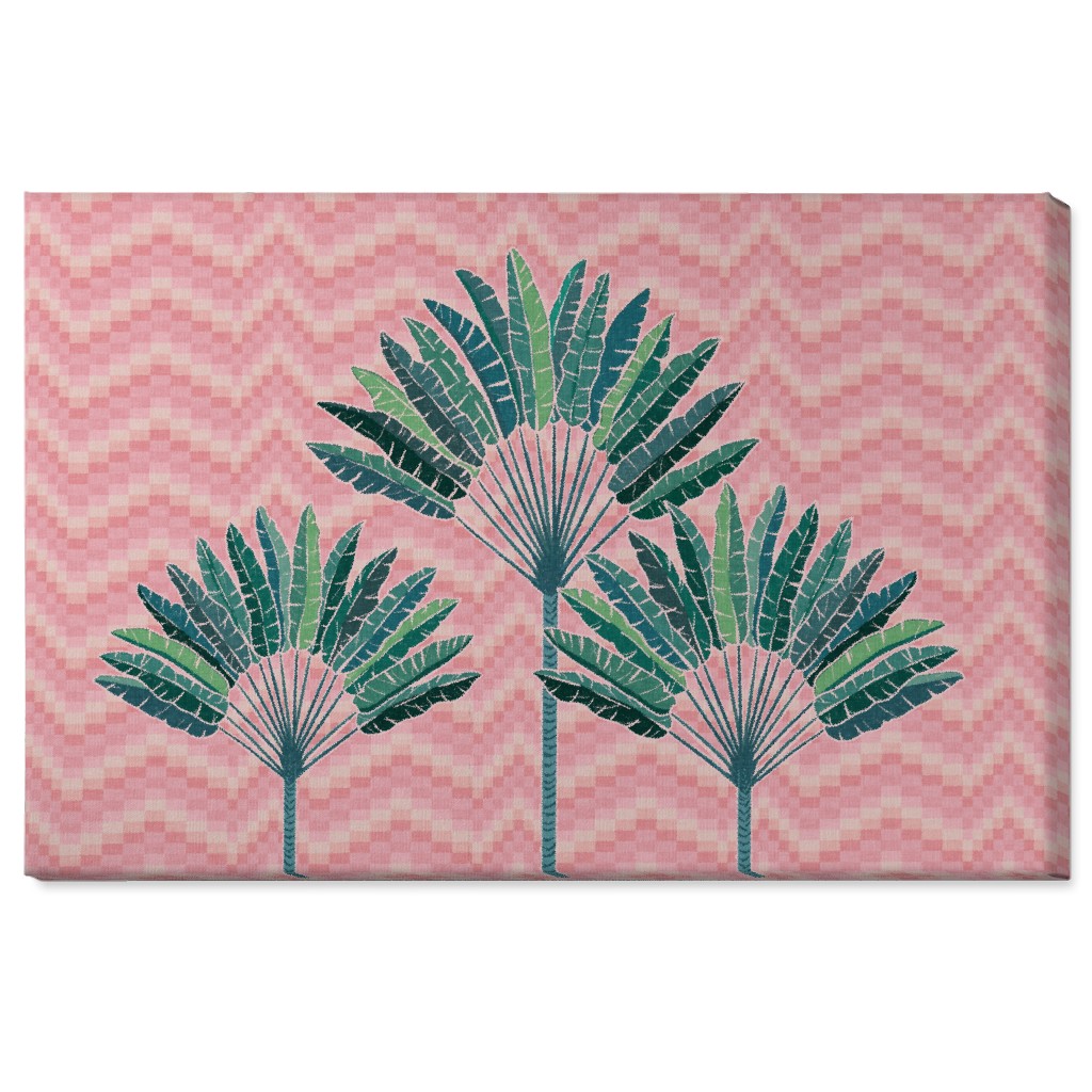 Palms on Wave Grid - Pink Wall Art, No Frame, Single piece, Canvas, 24x36, Pink