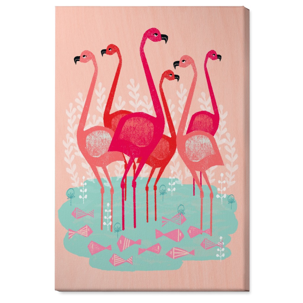 Flamingos & Fish - Pink Wall Art, No Frame, Single piece, Canvas, 24x36, Pink, Bright Pink
