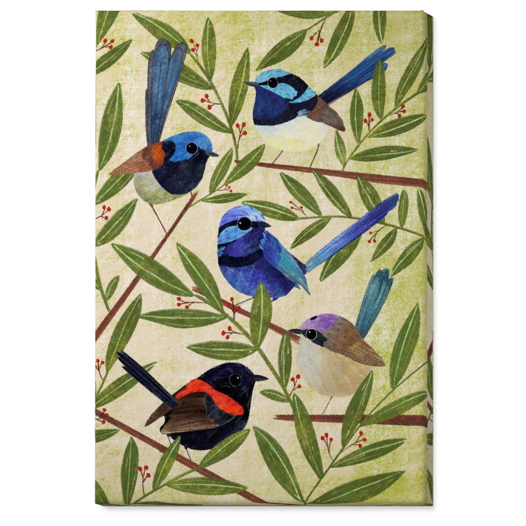 Fairy Wrens, Hand Painted Birds - Multi Wall Art, No Frame, Single piece, Canvas, 24x36, Multicolor