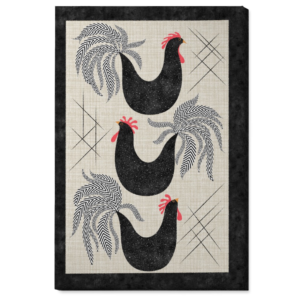 Roosters! - Black & White Wall Art, No Frame, Single piece, Canvas, 24x36, Black, Black