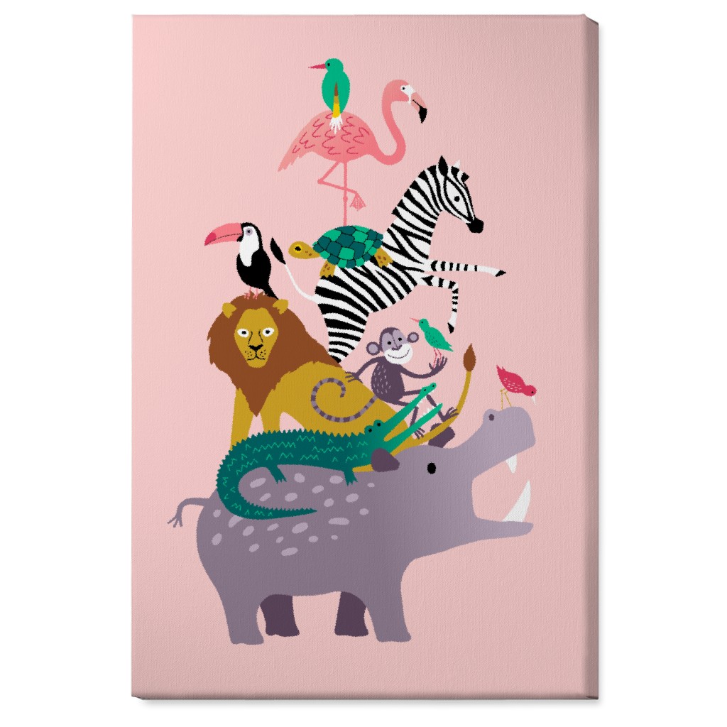 Wild Animal Tower - Pink Wall Art, No Frame, Single piece, Canvas, 24x36, Multicolor