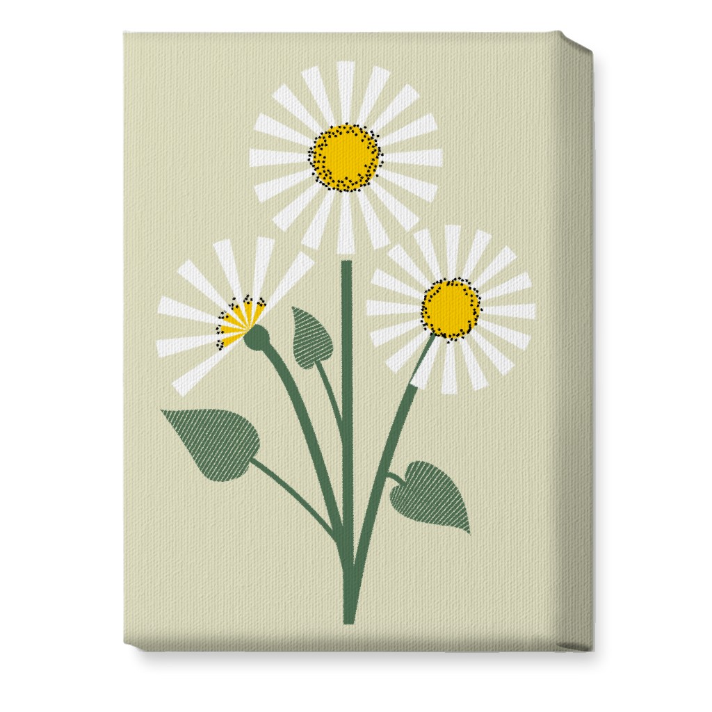 Abstract Daisy Flower - White on Beige Wall Art, No Frame, Single piece, Canvas, 10x14, Green, Classic Green