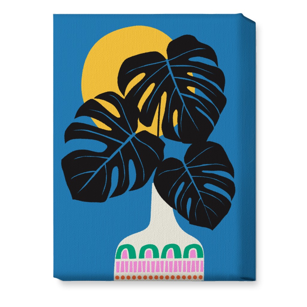 Monstera Leaves in a Vase - Blue Wall Art, No Frame, Single piece, Canvas, 10x14, Blue, True Blue