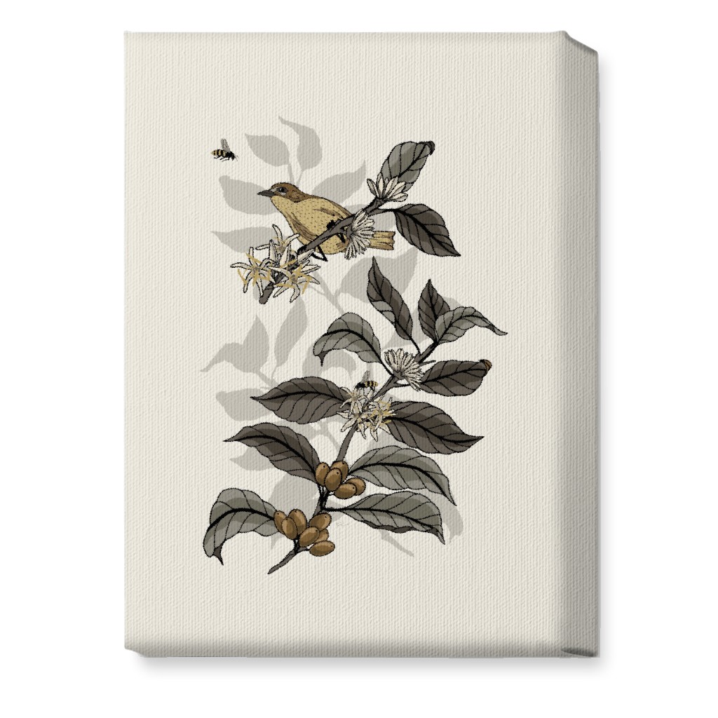 Coffee Plant, Bird, and Bee - Neutral Wall Art, No Frame, Single piece, Canvas, 10x14, Beige