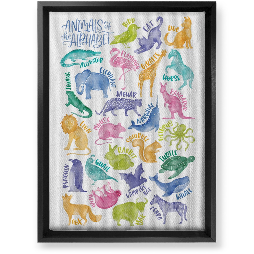 Animal Alphabet Watercolor Zoo Abcs - Multi Wall Art, Black, Single piece, Canvas, 10x14, Multicolor