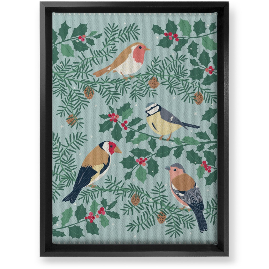 Robin & Friends, Winter Garden Birds - Blue Wall Art, Black, Single piece, Canvas, 10x14, Blue, True Blue