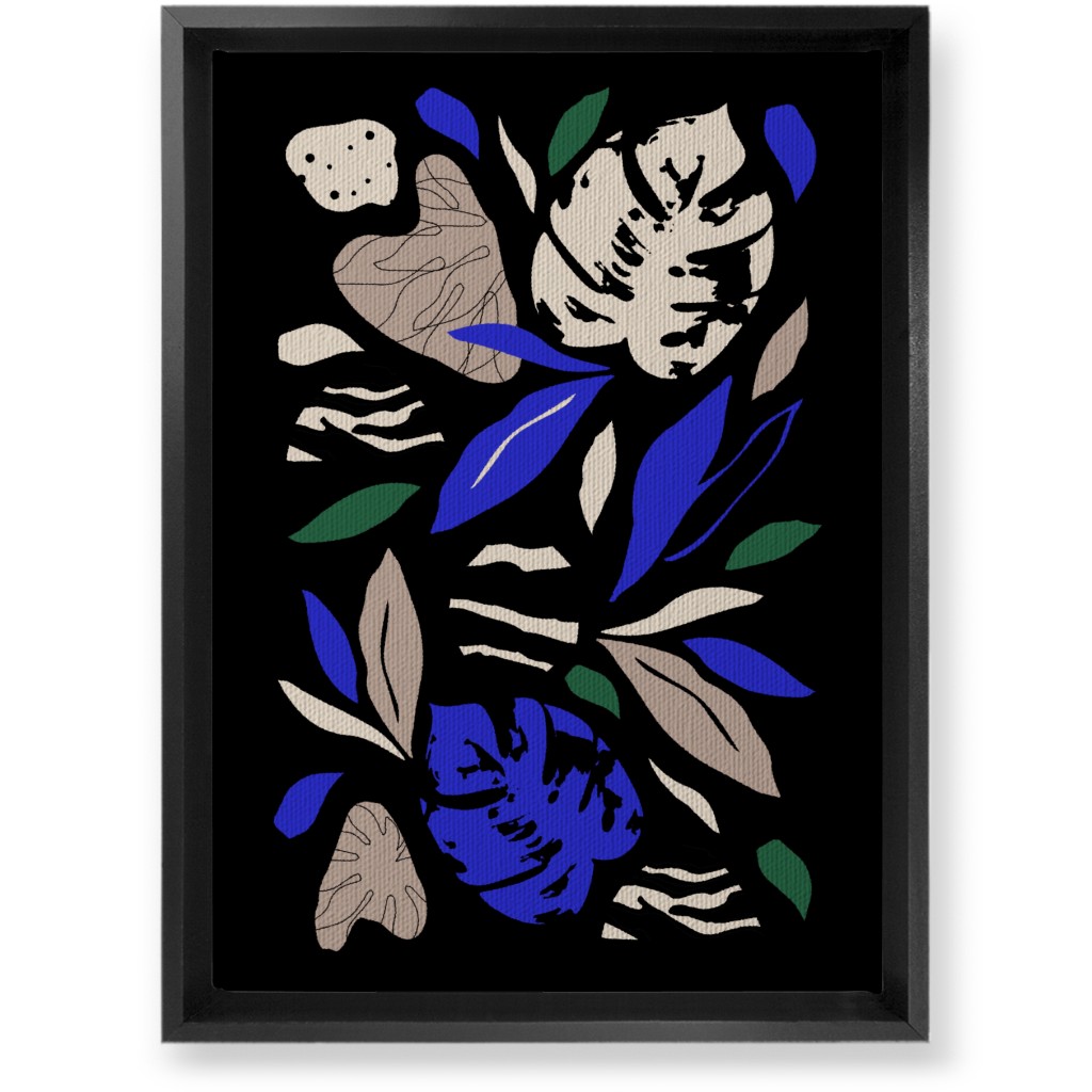 Abstract Leaves - Blue & Tan on Navy Wall Art, Black, Single piece, Canvas, 10x14, Blue