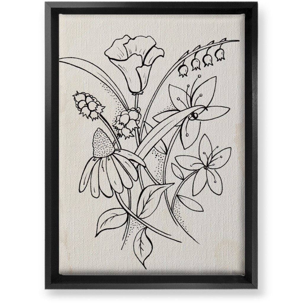 Vintage Wildflower Sketch - Beige and Black Wall Art, Black, Single piece, Canvas, 10x14, Beige