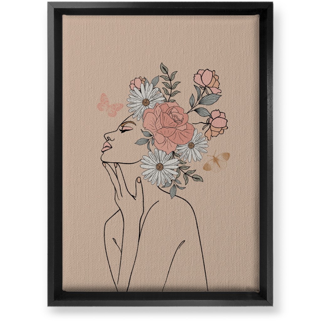 Feminine Line Art Botanical Sketch - Neutral Wall Art, Black, Single piece, Canvas, 10x14, Beige
