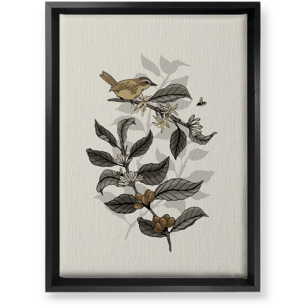 Bee, Bird and Coffee Plant - Neutral Wall Art, Black, Single piece, Canvas, 10x14, Beige