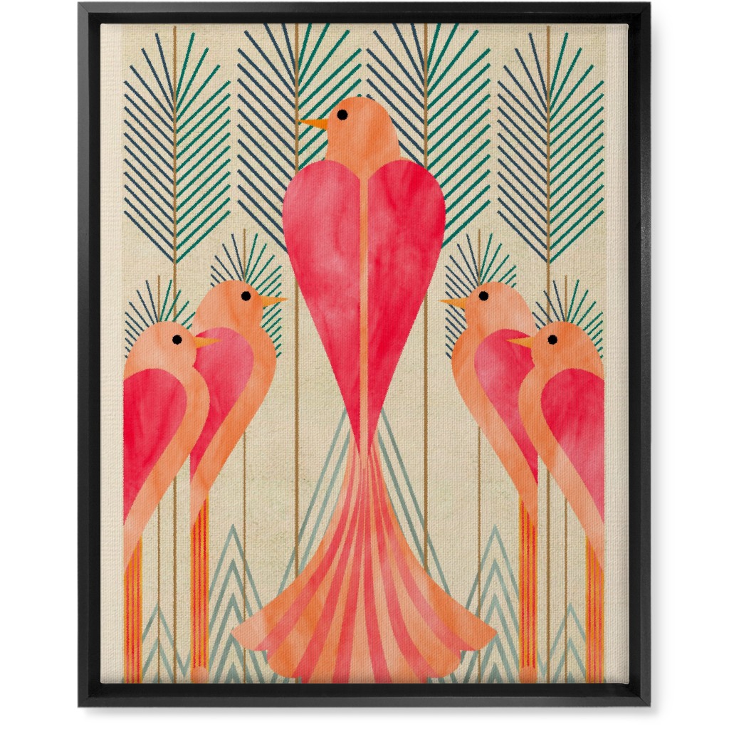 Modern Love Birds in a Pine Forest Wall Art, Black, Single piece, Canvas, 16x20, Pink, Bright Pink