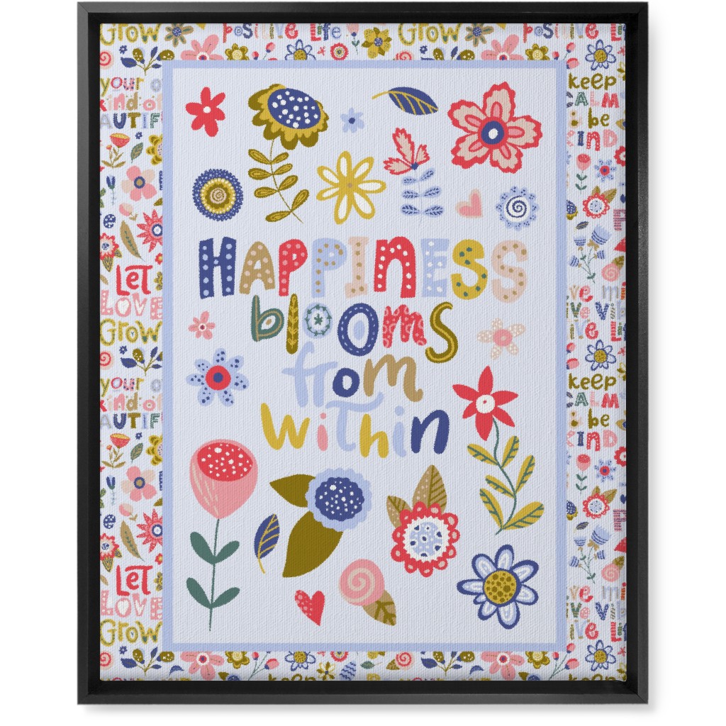 Happiness Blooms From Within - Inspirational Floral Wall Art, Black, Single piece, Canvas, 16x20, Multicolor
