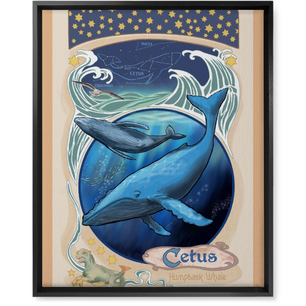 Art Nouveau Humpback Whale Wall Art, Black, Single piece, Canvas, 16x20, Blue, True Blue