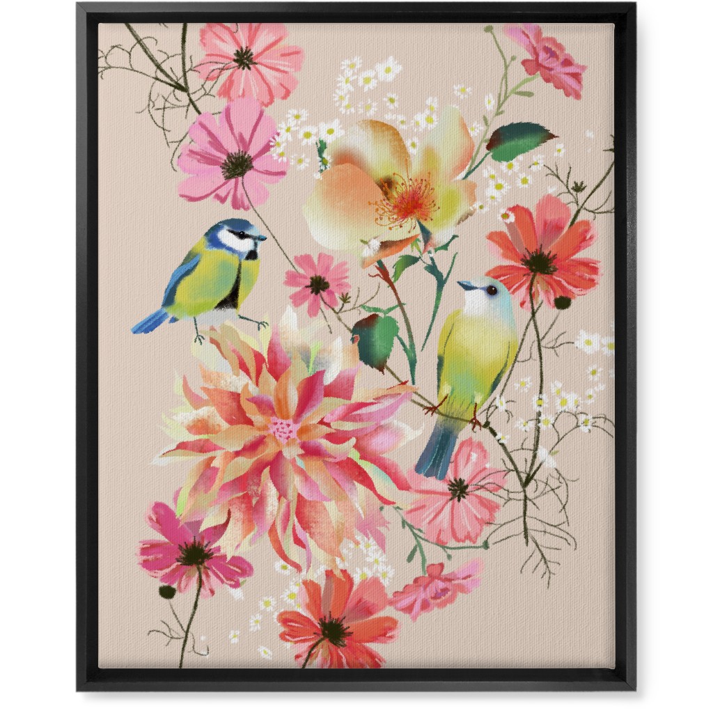 Birds With Dahlias and Cosmea Wall Art, Black, Single piece, Canvas, 16x20, Pink