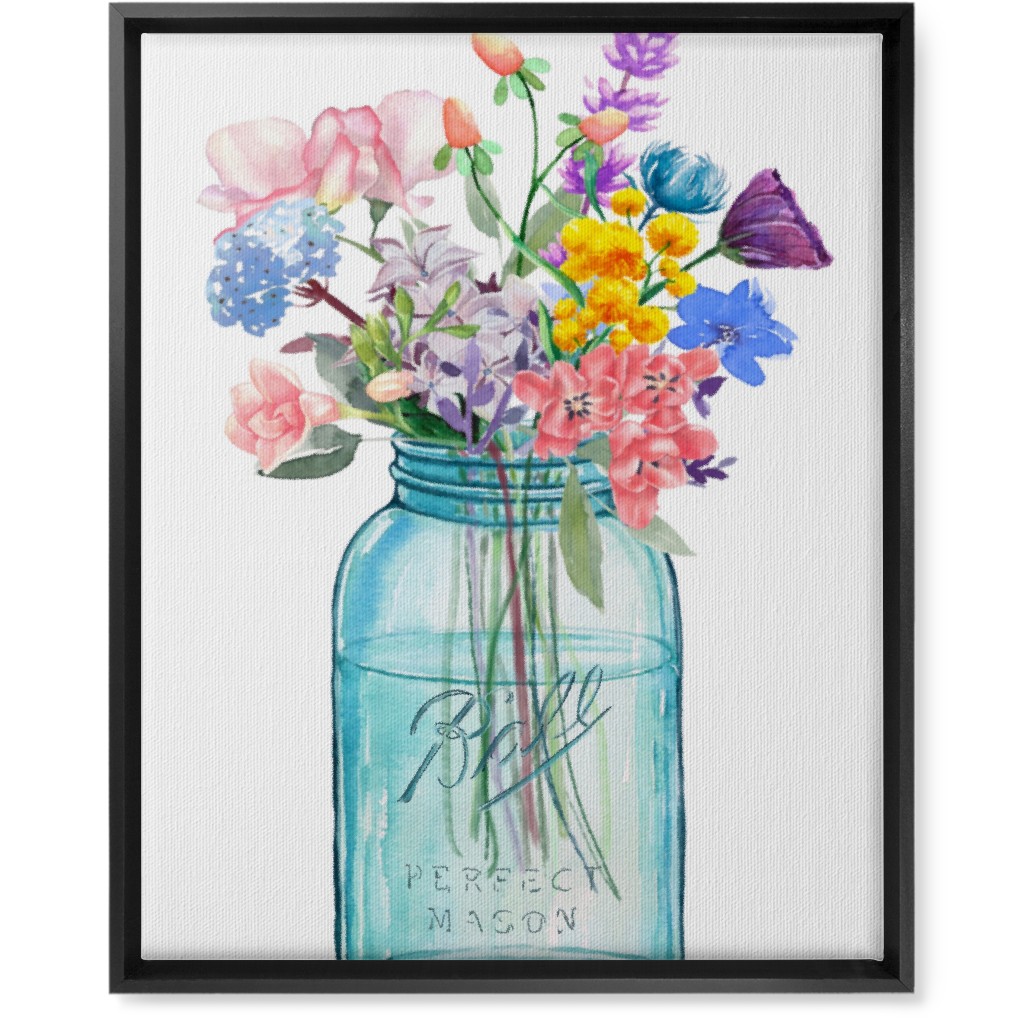 Watercolor Floral Mason Jar Bouquet Painting - Multi Wall Art, Black, Single piece, Canvas, 16x20, Multicolor