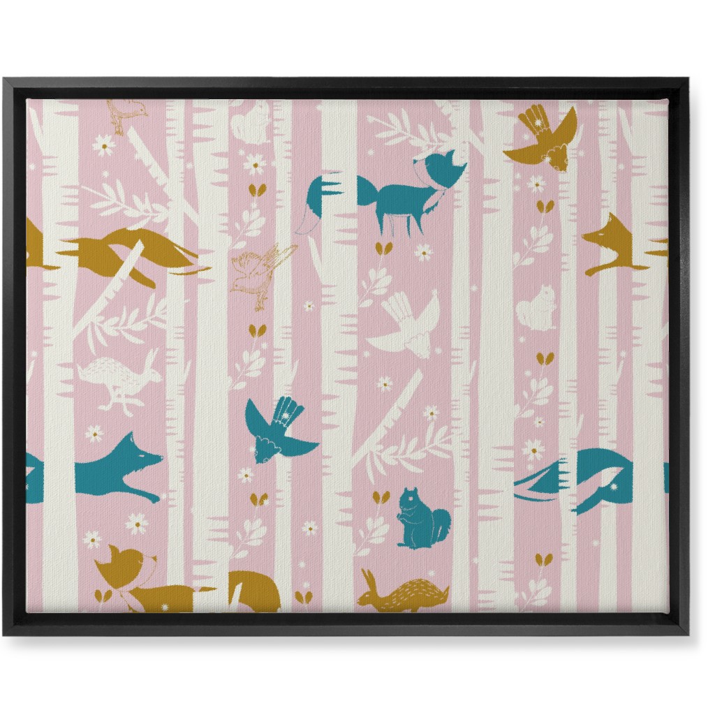 Birch Forest and Wild Animals Wall Art, Black, Single piece, Canvas, 16x20, Pink