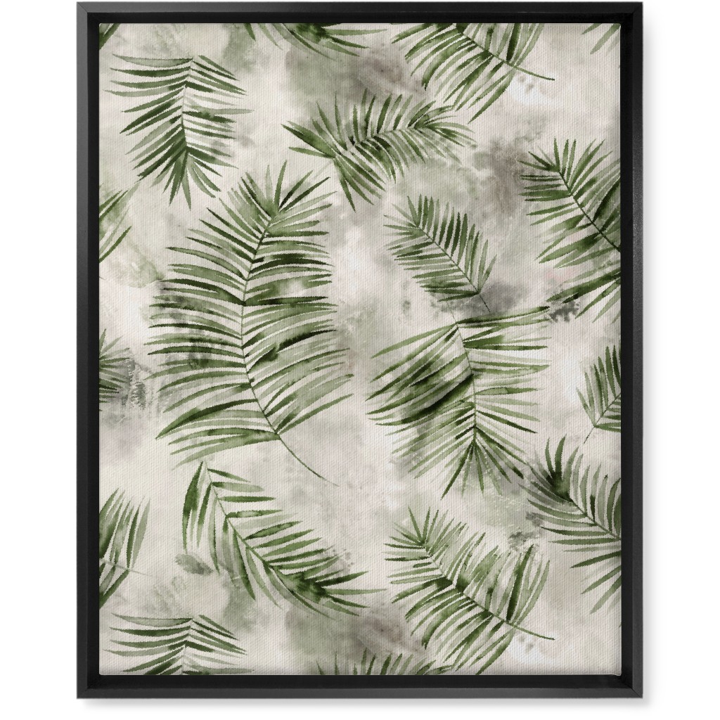 Watercolor Botanical Palms - Green on Beige Wall Art, Black, Single piece, Canvas, 16x20, Green
