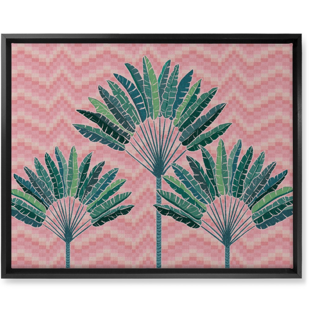 Palms on Wave Grid - Pink Wall Art, Black, Single piece, Canvas, 16x20, Pink