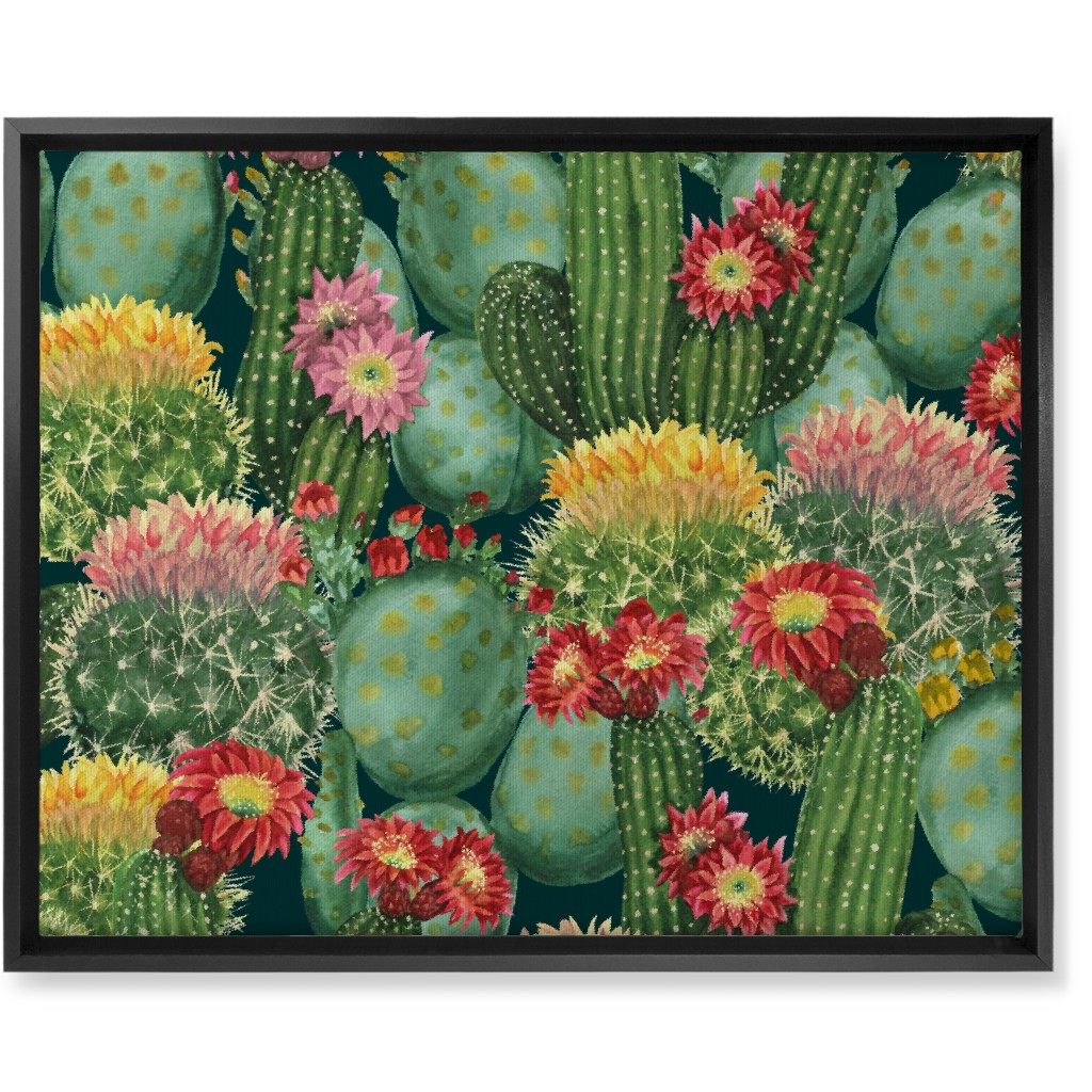 Tropical Cactus Flowers Wall Art, Black, Single piece, Canvas, 16x20, Multicolor