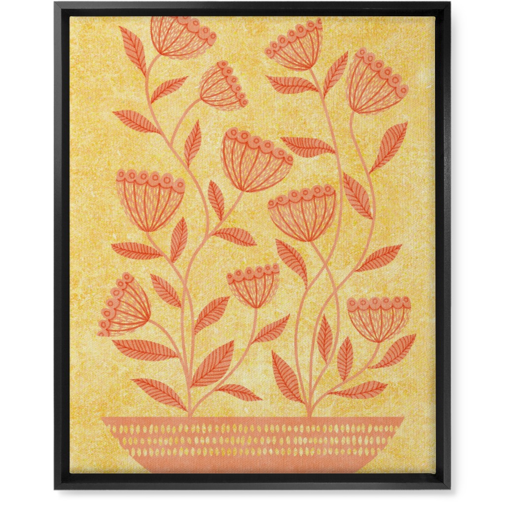 Mid Century Modern Orange Floral on Yellow Wall Art, Black, Single piece, Canvas, 16x20, Orange, Orange